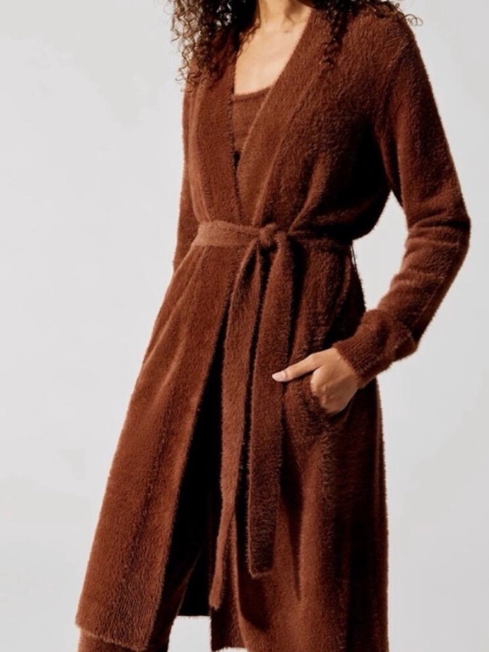 Carbon38 Eyelash Belted Cardigan Sweater Cappuccino Brown Longline